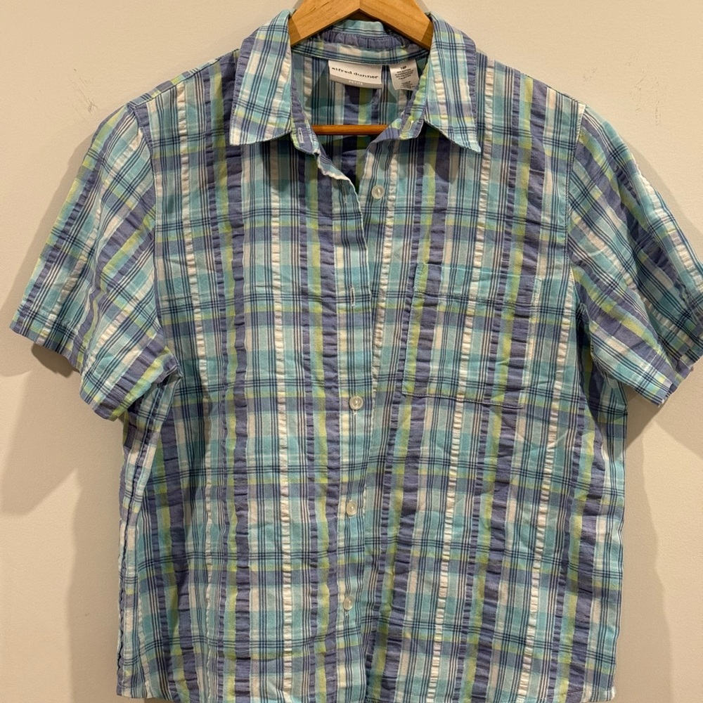Alfred Dunner Blue and Green Plaid Short-Sleeve Button-Down Shirt